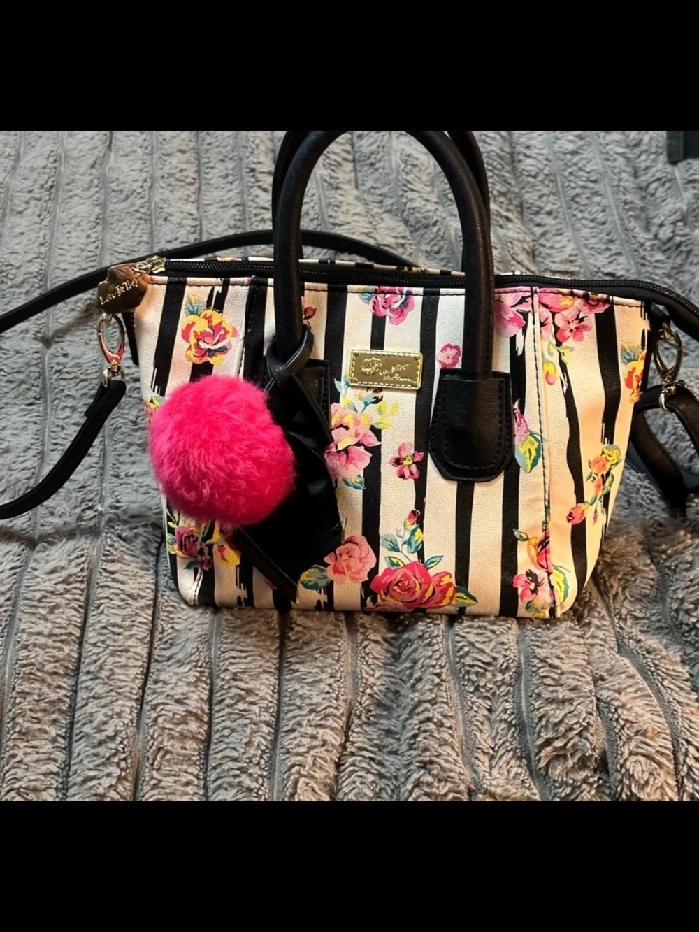 Betsey Johnson Floral Stripe Satchel with Pink Pom Charm